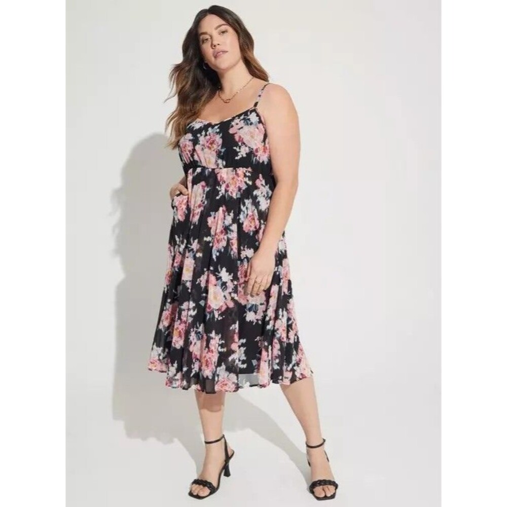 Torrid Size 4 (4X) Floral Cami Dress Black Pink Midi Sleeveless Flowy Chiffon